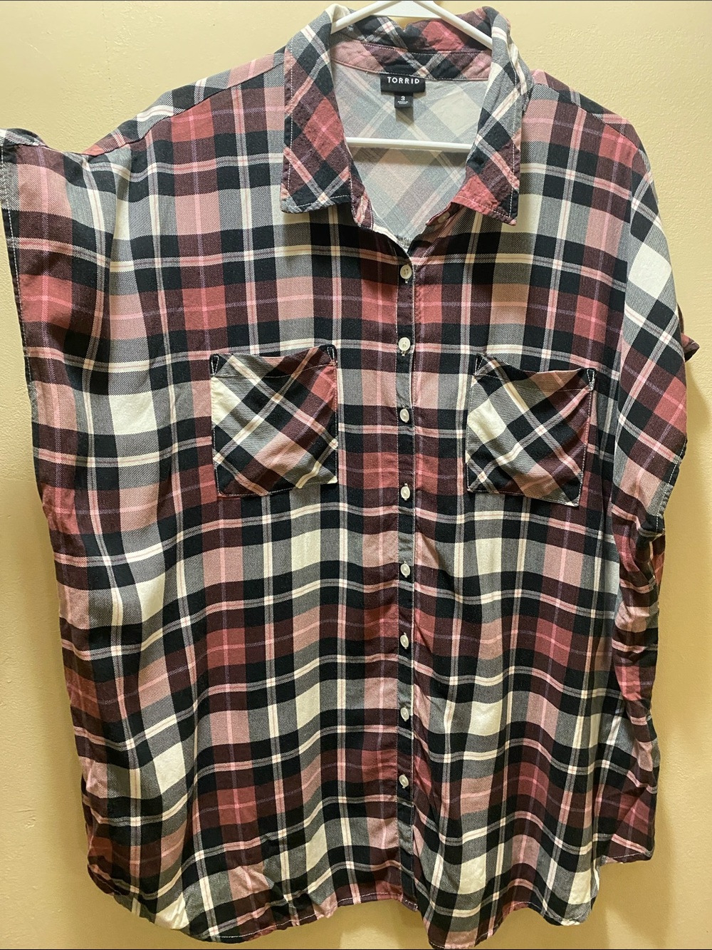 Torrid Black, Plink & white plaid button-down Flutter Sleeve shirt-3 Plaid Fall